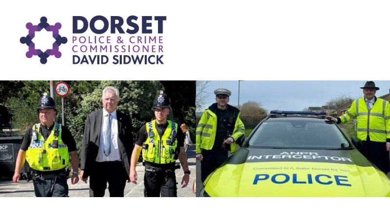 Dorset Police and Crime Commissioner logo and photos of Commissioner with Police officers