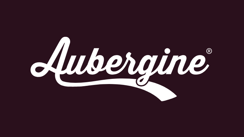 Aubergine logo in white script text against a very dark purple background