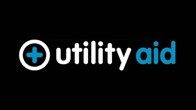 Utility Aid logo in white and turquoise on black