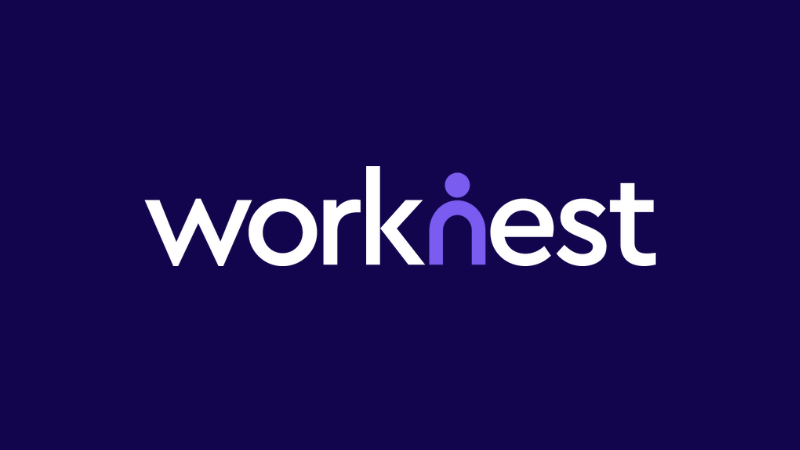 WorkNest logo in white text with the N as a person icon in purple against a dark purple background