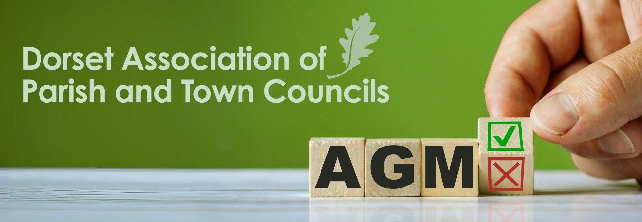 Three wooden cubes with AGM on them on a white surface against a green wall. There is another wooden cube being turned by someone's finger and thumb from a red cross to a green tick. The logo of Dorset Association of Parish and Town Councils is in the upper left of the image