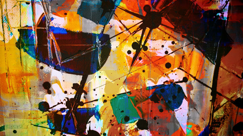 Painting made up of swipes, splashes and lines of different coloured paint