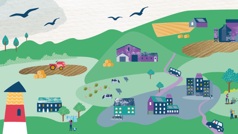 Graphic illustration of an active landscape with fields, farms, buildings, cars and people