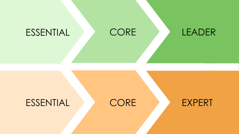 Two horizontal stripes, top various shades of green, bottom various shades of orange with chevrons pointing right. Top stripe has words essential, core and leader, bottom stripe has words essential, core and expert