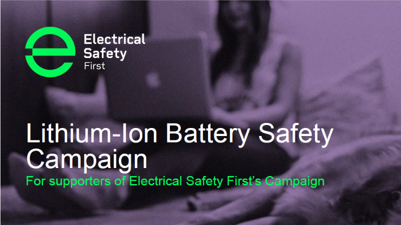 Black and white blurred photo of woman using laptop with Electrical Safety First logo and campaign title