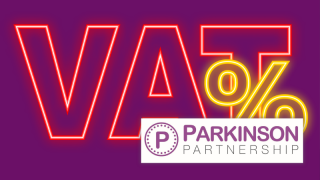 VAT in capitals in neon red with yellow neon percentage sign on top against very dark purple background. Parkinson Partnership logo in bottom right