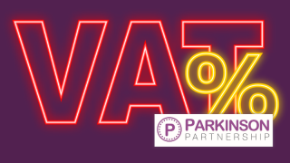 VAT in capitals in neon red with yellow neon percentage sign on top against very dark purple background. Parkinson Partnership logo in bottom right